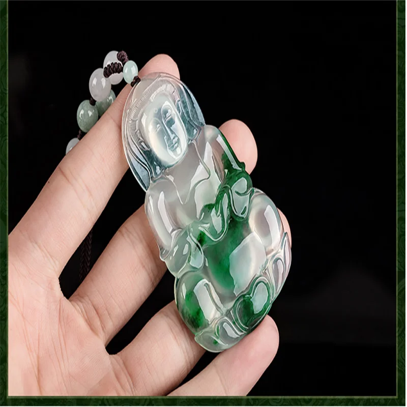 Hand-carved Light Green Jade Guanyin Buddha Necklace Pendant