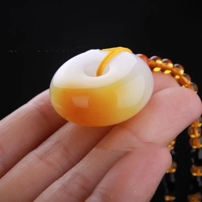 Hand-Carved Yellow Jade Pingan Buckle Necklace Pendant 25-30mm