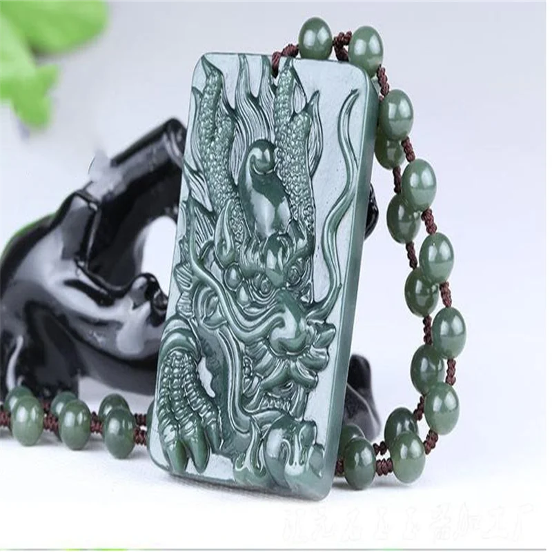 Hetian Cyan Jade Chinese Zodiac Dragon Necklace Pendant Men Women Luck
