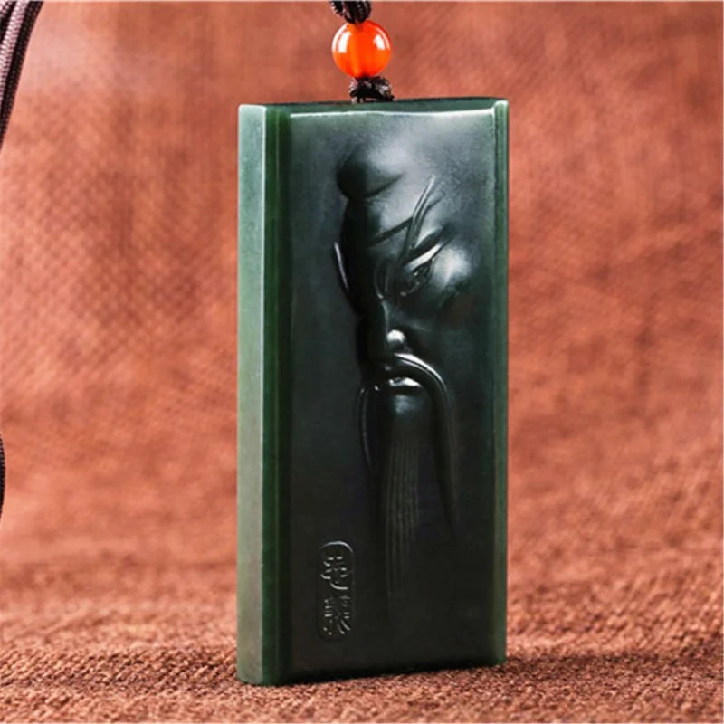 Hetian Cyan Jade Guan Gong Necklace Pendant Men Women Luck Amulet