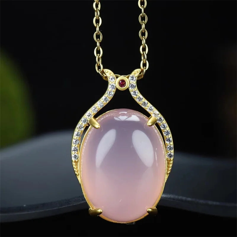 Hand-carved Inlay Copper Plated 24K Pink Pigeon Eggs Necklace Pendant Jewelry