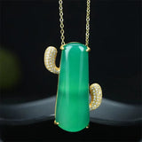 Hand-Carved Jade Green Cactus Necklace Pendant - Luck Gift