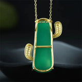 Hand-Carved Jade Copper Plated24k Cactus Necklace Pendant Jewelry Men Women
