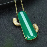 Hand-Carved Jade Copper Plated24k Cactus Necklace Pendant Jewelry Men Women