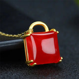 Hand-carved Jade Red Chalcedony Lock Necklace Pendant Men Women LuckGifts