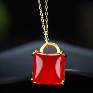 Hand-carved Jade Red Chalcedony Lock Necklace Pendant Men Women LuckGifts