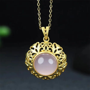 Hand-Carved Jade Copper Plated Pink Chalcedony Necklace Pendant