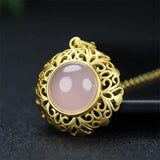 Hand-Carved Jade Copper Plated Pink Chalcedony Necklace Pendant