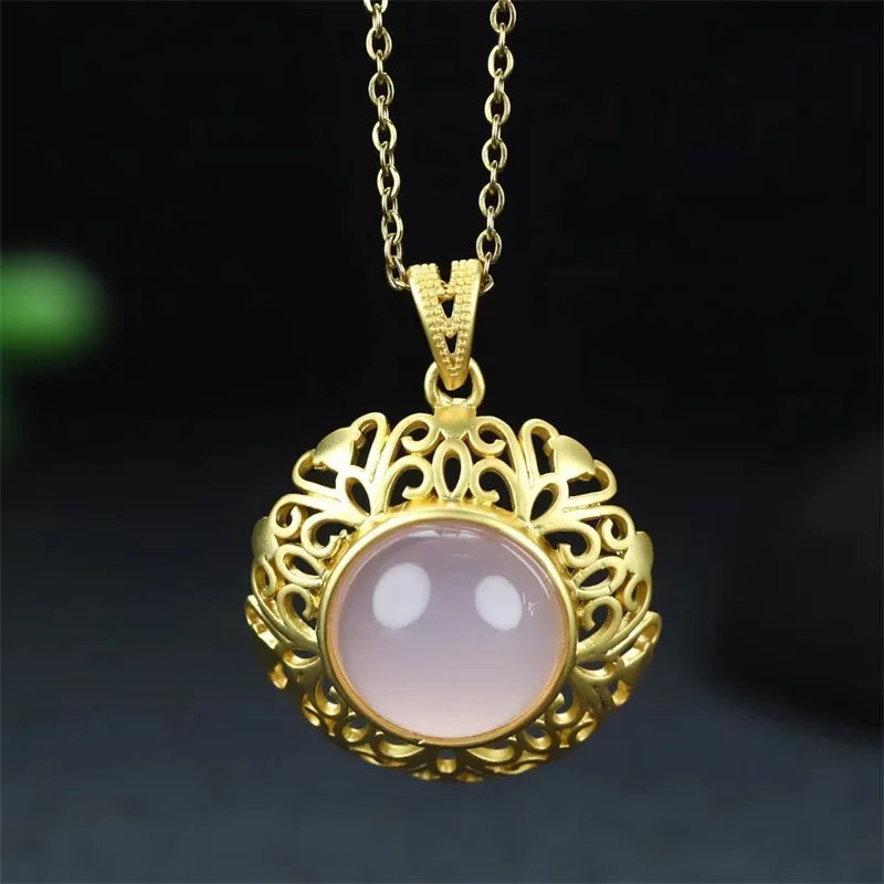 Hand-Carved Jade Copper Plated Pink Chalcedony Necklace Pendant