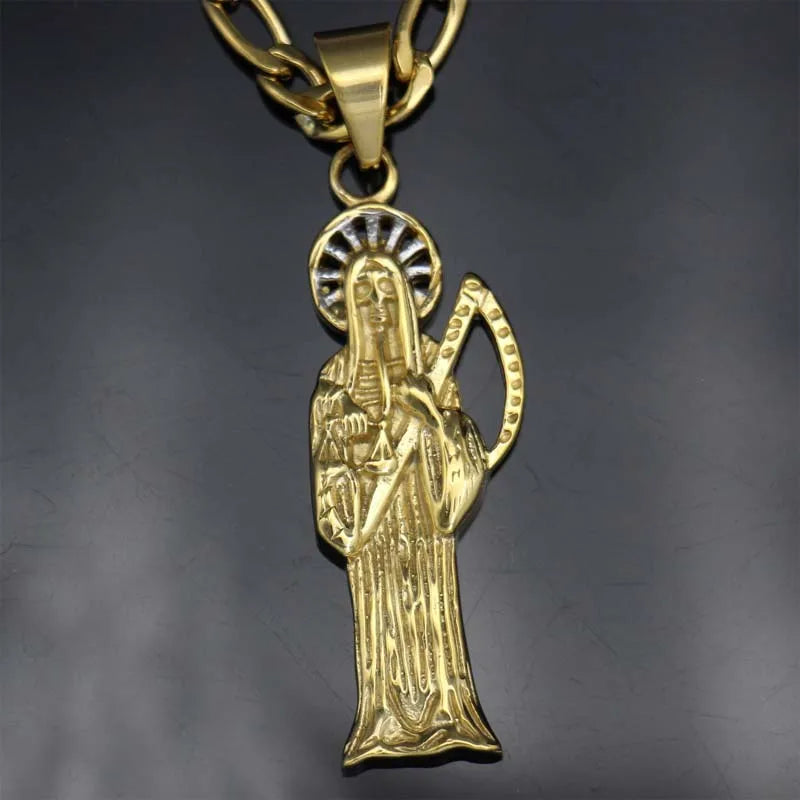 Stainless Steel Santa Muerte Pendant with Chain