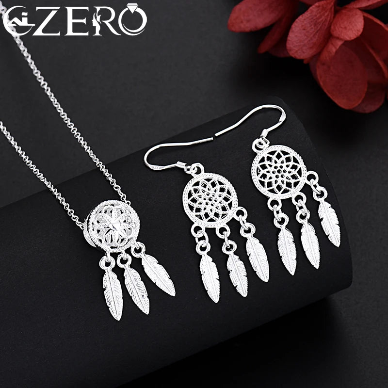 925 Silver Pretty Ball Necklace Stud Earrings Jewelry Set