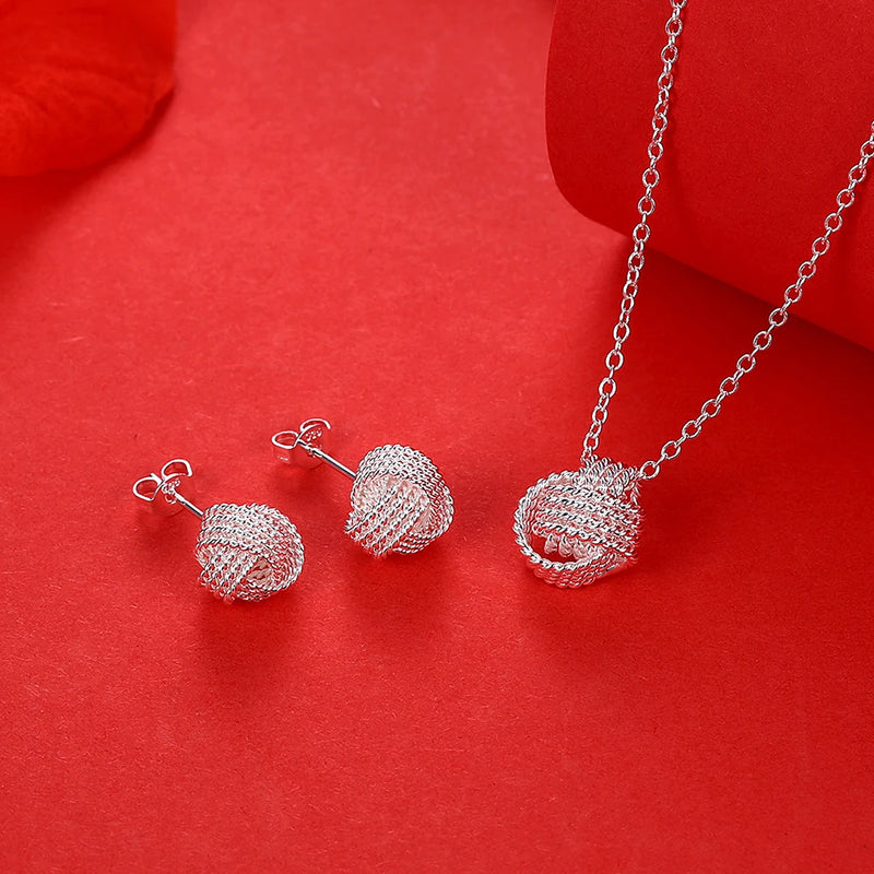 925 Sterling Silver Ball Necklace & Stud Earrings Set