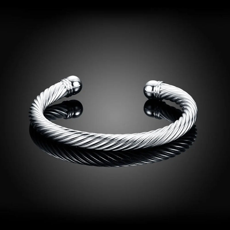 925 Silver Twisted Wire Bangle Cuff Bracelet for Women