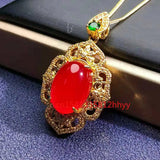 925 Silver Plated Red Agate Pendant Charm Hand-Carved Jewellery