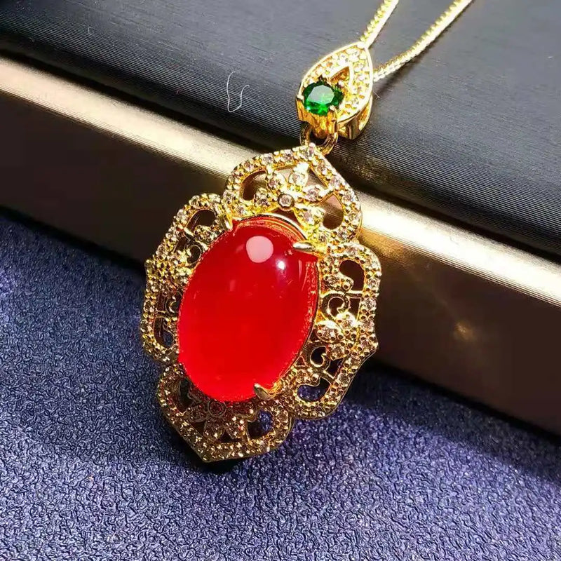 925 Silver Plated Red Agate Pendant Charm Hand-Carved Jewellery