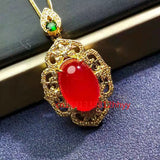 925 Silver Plated Red Agate Pendant Charm Hand-Carved Jewellery