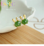 Hotan Jade Rabbit Earrings Female Creative Cartoon Gift S925 Silver Plated