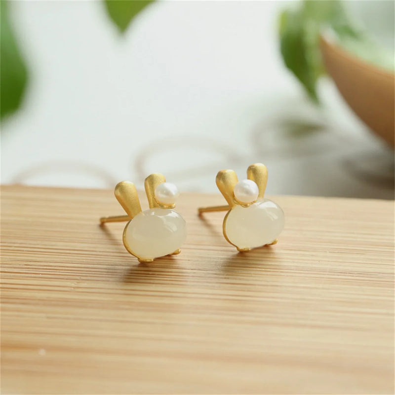 Hotan Jade Rabbit Earrings Female Creative Cartoon Gift S925 Silver Plated