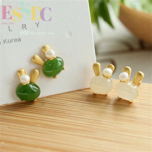 Hotan Jade Rabbit Earrings Female Creative Cartoon Gift S925 Silver Plated