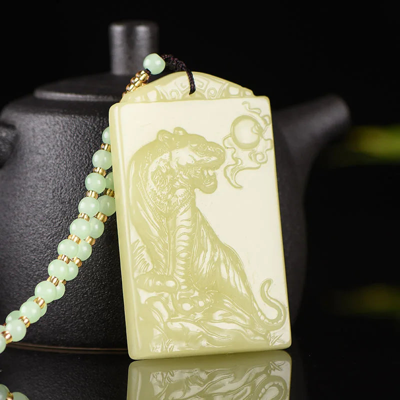Hotan Jade Zodiac Tiger Pendant Amulet Natural Necklace Carved Jewelry