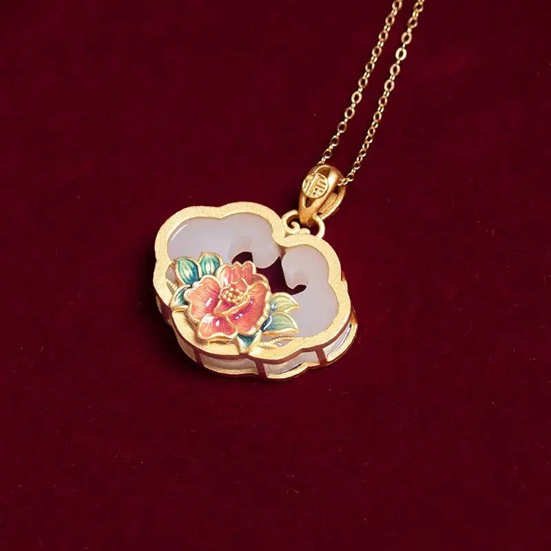Hotian Jade Pendant Women's Silver Retro Chinese Enamel Necklace