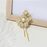 Women Vintage Pearl Flower Tassel Brooch Cubic Zircon Fine Costume Jewelry