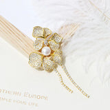 Women Vintage Pearl Flower Tassel Brooch Cubic Zircon Fine Costume Jewelry