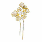 Women Vintage Pearl Flower Tassel Brooch Cubic Zircon Fine Costume Jewelry
