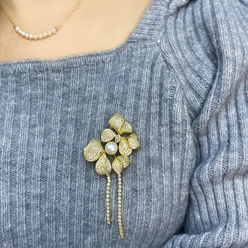 Women Vintage Pearl Flower Tassel Brooch Cubic Zircon Fine Costume Jewelry