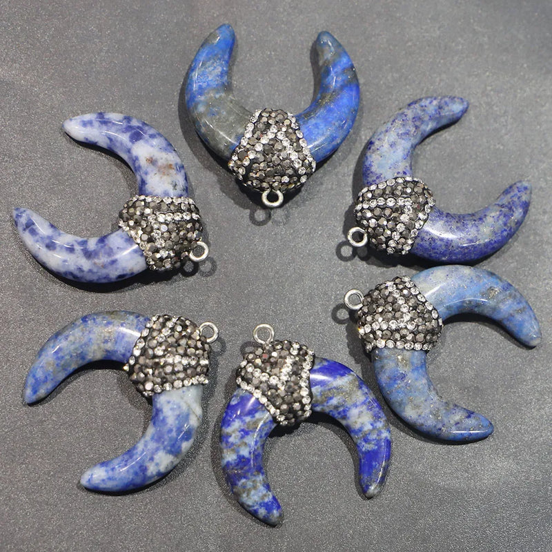 Sodalite Stone Bull Horn Crescent Moon Necklace Pendant DIY Charms Jewelry