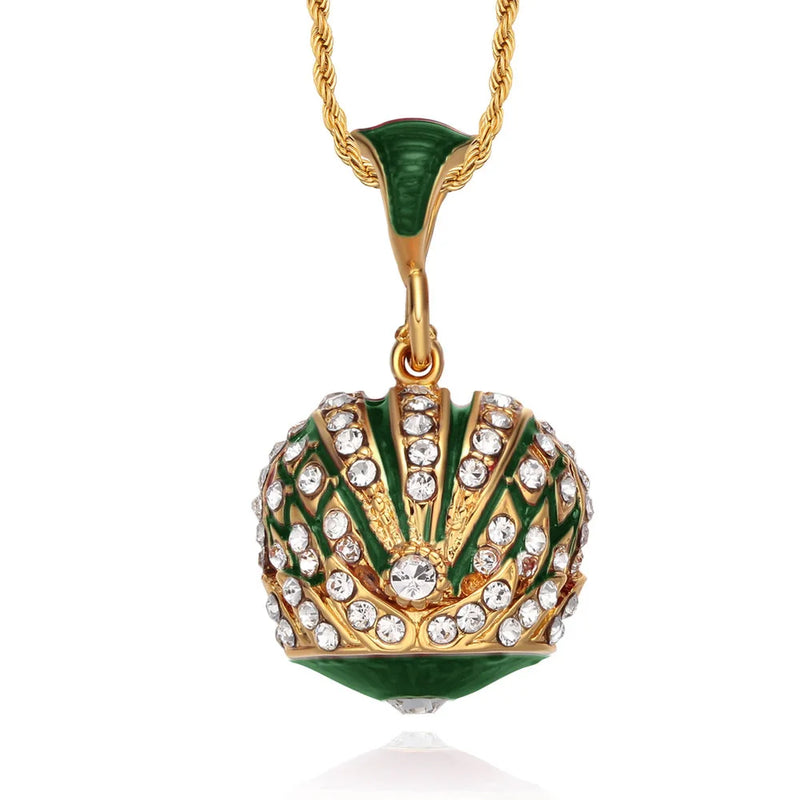 Vintage Egg Crown Pendant Charm Necklace with Rhinestones