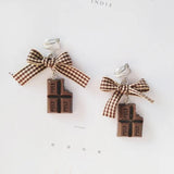 Houndstooth Lace-up Clip Earrings, Bowknot Design