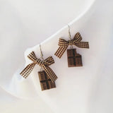 Houndstooth Lace-up Clip Earrings, Bowknot Design