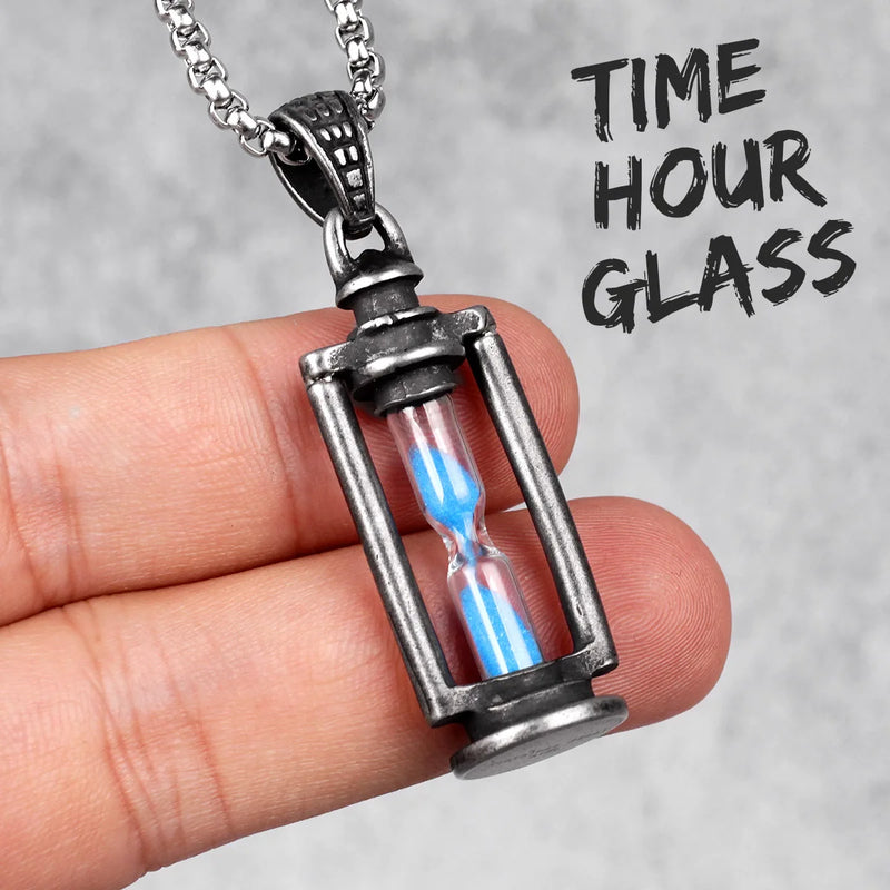 Hourglass Retro Men's Long Necklaces Pendants Chain Punk Hip Hop Stainless Steel