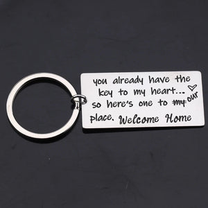 Housewarming Home Keychain: Key To My Heart to Our Place. Welcome Home