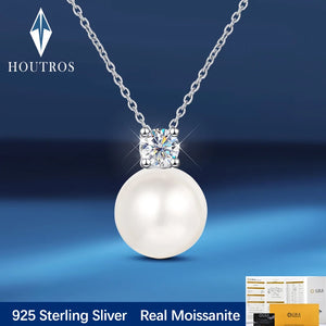 Moissanite Pearl Pendant Necklace 925 Sterling Silver Wedding Fine Jewelry