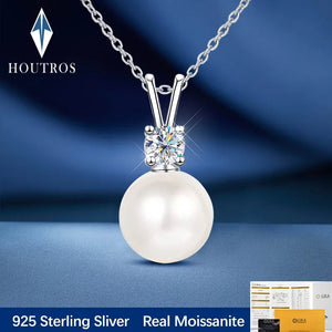 Freshwater Pearl Moissanite Pandent Necklace 925 Sterling Silver Sparkling