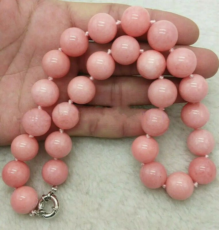 12mm Natural Orange PINK Jade Gemstone Beads Necklace 18''