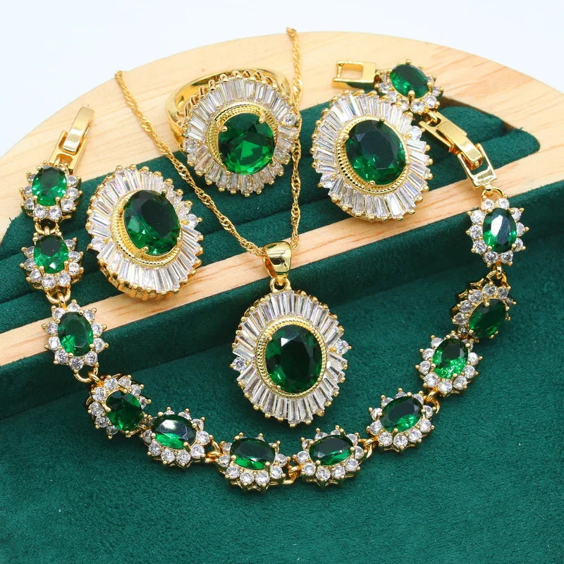 Green Emerald 925 Silver Jewelry Set for Women - Bracelet Earrings Necklace Ring