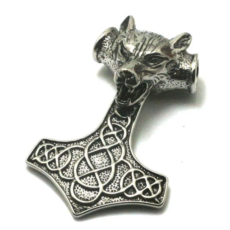 316L Stainless Steel Big Wolf Pendant Thor's Hammer