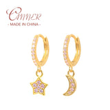 925 Silver Moon and Star Hoop Earrings Purple/Green Crystal