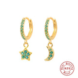 925 Silver Moon and Star Hoop Earrings Purple/Green Crystal
