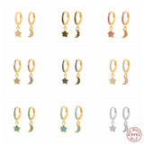 925 Silver Moon and Star Hoop Earrings Purple/Green Crystal