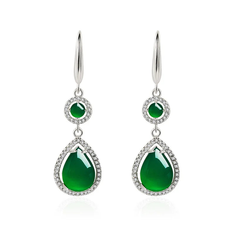 925 Silver Water Drop Green Chalcedony Earrings