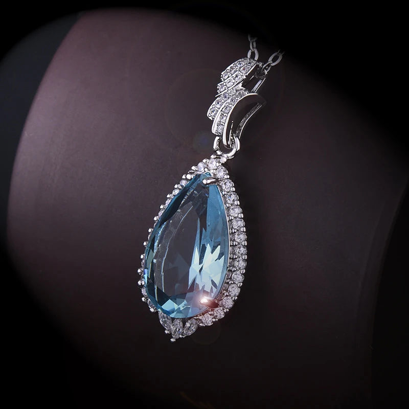925 Silver Necklace Water Drop Shape Sapphire Pendant Wedding Gift