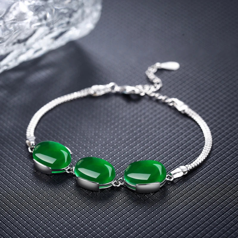 Women Silver Bracelet Oval Emerald Ruby Wedding Gift