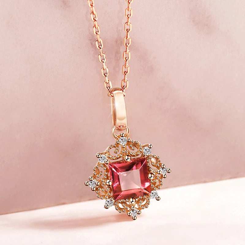 925 Silver Necklace with Square Ruby Zircon Pendant