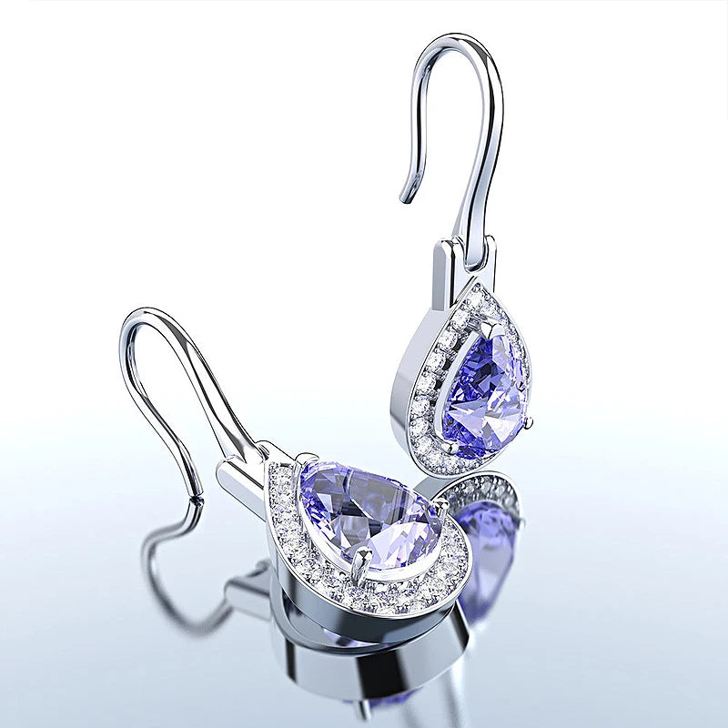 925 Silver Water Drop Amethyst Zircon Earrings Wedding Party