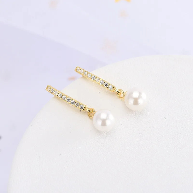 925 Silver Pearl Zircon Drop Earrings Wedding 6-8mm