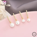 925 Silver Pearl Zircon Drop Earrings Wedding 6-8mm